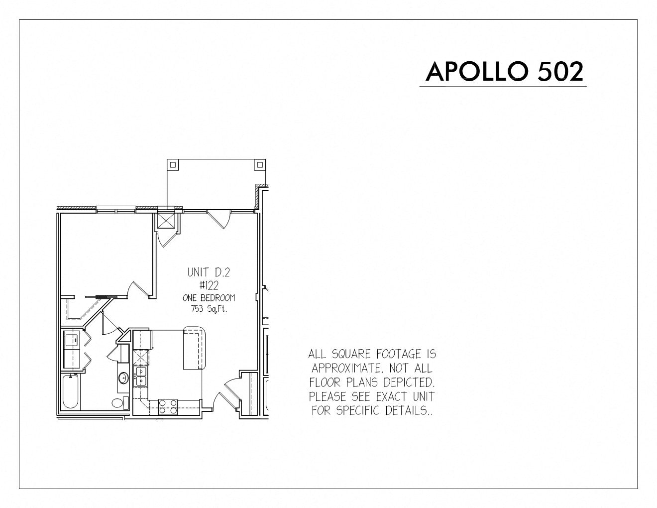 Floor plan for 1 bed, 1 bath, 753 sqft